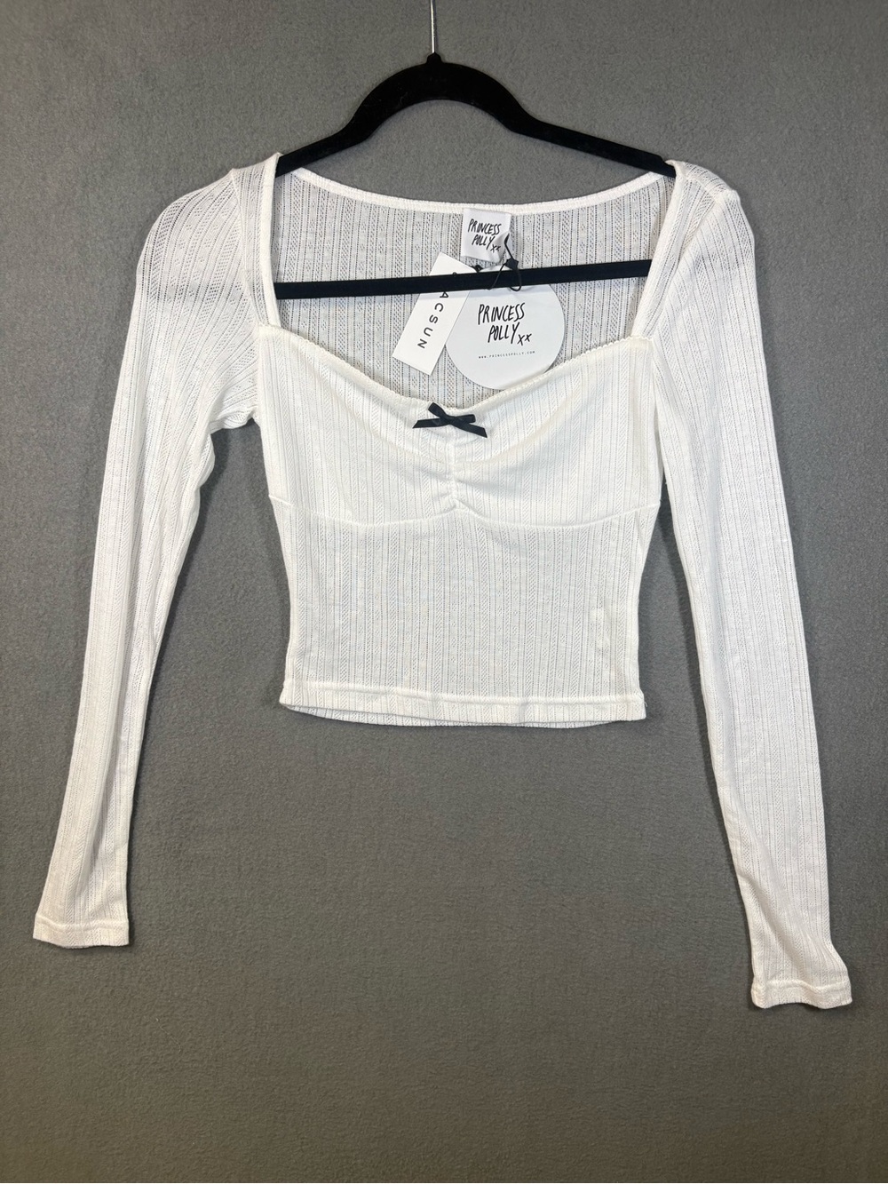Princess Polly Eco White Tari Long Sleeve Top with Black Bow Tie Sz. 2